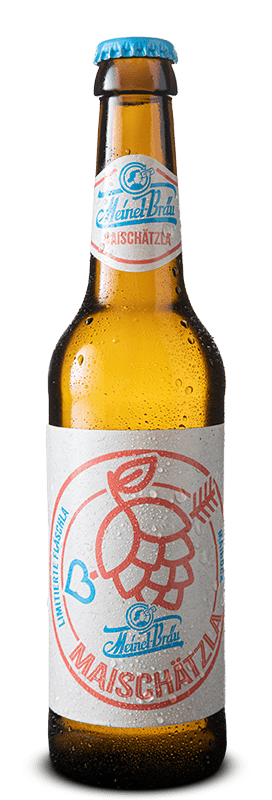 Eine 0,33l-Bierflasche mit hellem Etikett mit einer hellroten Illustration einer Hopfendolde durch die ein Pfeil mit Herz ragt.