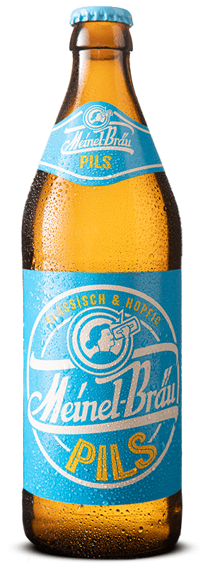 Eine Euro-Bierflasche 500 ml mit einem türkis-blauen Etikett.