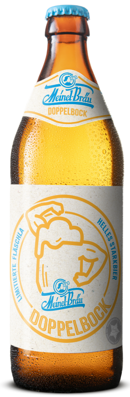 Eine Euro-Bierflasche 500 ml mit hellem Etikett mit einer gelben Illustration von einem Bierkrug mit muskulösen Armen.