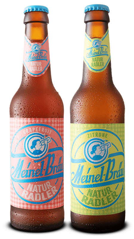 Zwei 0,33l-Bierflaschen mit einem Rosarot- und einem Hellgrün-karierten Etikett.