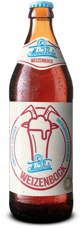 Eine Euro-Bierflasche 500 ml mit hellem Etikett mit einer roten Illustration von einem Weizenglas mit Hörnern.