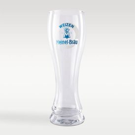 Ein Weissbierglas mit Aufschrift "Weizen" und "Meinel-Bräu" und einem Meinel-Bräu-Emblem.