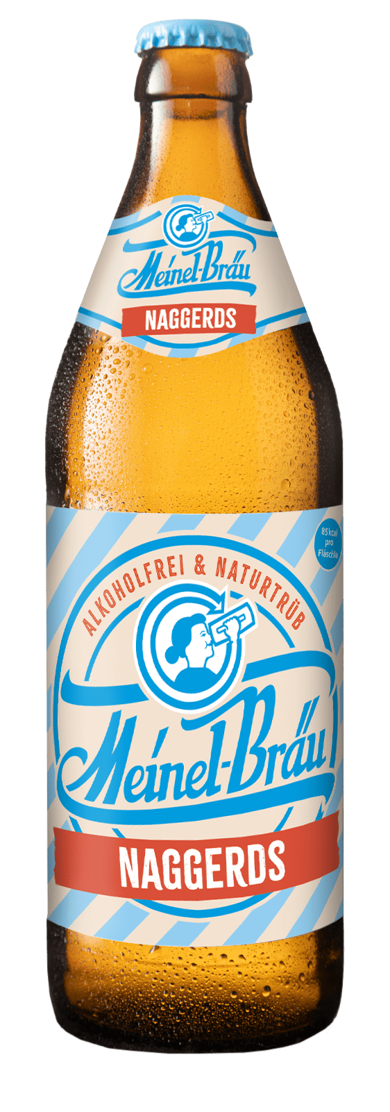 Eine Euro-Bierflasche 500 ml mit einem Etikett mit diagonalen hellblauen Streifen.