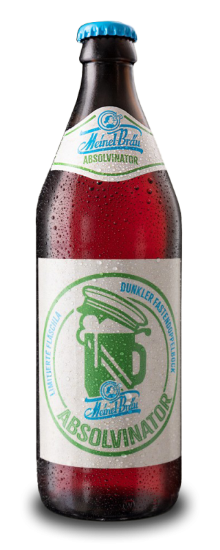 Eine Euro-Bierflasche 500 ml mit hellem Etikett mit einer grünen Illustration von einem Bierkrug mit Kappe.